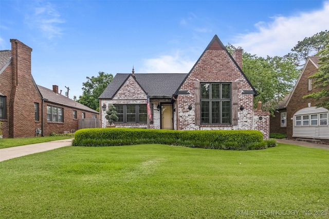 2728 E 13th Pl, Tulsa, OK 74104 - tudor house with a front yard, brick siding, and a chimney