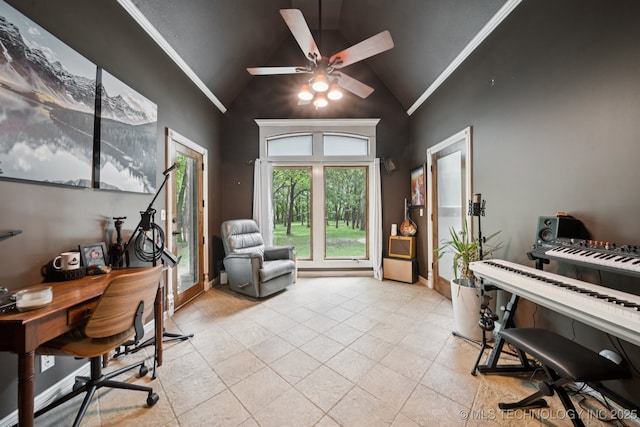 9914 S Garnett Rd, Broken Arrow, OK 74012 - office area featuring high vaulted ceiling and a ceiling fan