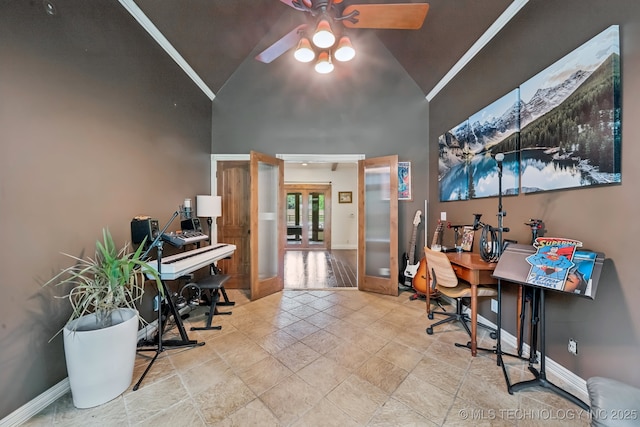 9914 S Garnett Rd, Broken Arrow, OK 74012 - office space featuring french doors, a ceiling fan, high vaulted ceiling, and baseboards