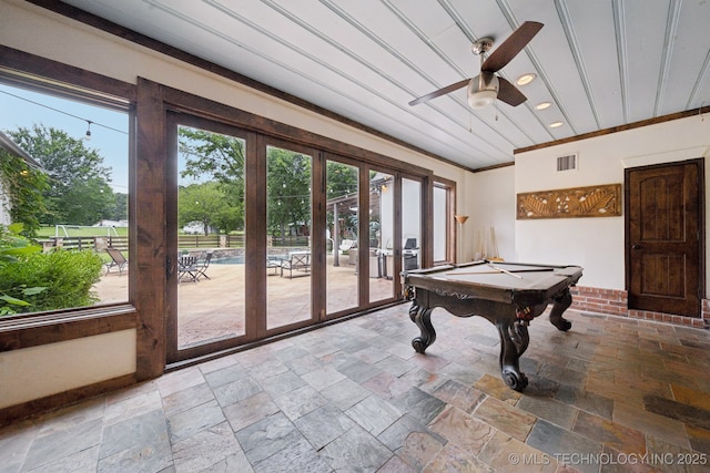 9914 S Garnett Rd, Broken Arrow, OK 74012 - rec room with stone tile floors, ceiling fan, pool table, and recessed lighting