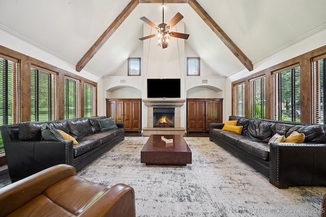 9914 S Garnett Rd, Broken Arrow, OK 74012 - living area with high vaulted ceiling, a large fireplace, beam ceiling, a ceiling fan, and healthy amount of natural light