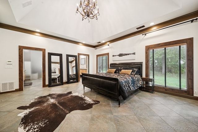 9914 S Garnett Rd, Broken Arrow, OK 74012 - tiled bedroom with a chandelier, recessed lighting, high vaulted ceiling, and baseboards
