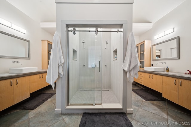 9914 S Garnett Rd, Broken Arrow, OK 74012 - bathroom with a stall shower and two vanities
