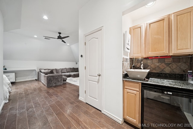 9914 S Garnett Rd, Broken Arrow, OK 74012 - kitchen with wine cooler, light brown cabinets, a sink, lofted ceiling, and ceiling fan