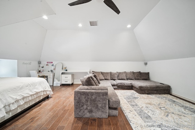 9914 S Garnett Rd, Broken Arrow, OK 74012 - bedroom featuring vaulted ceiling, wood finished floors, a ceiling fan, and recessed lighting