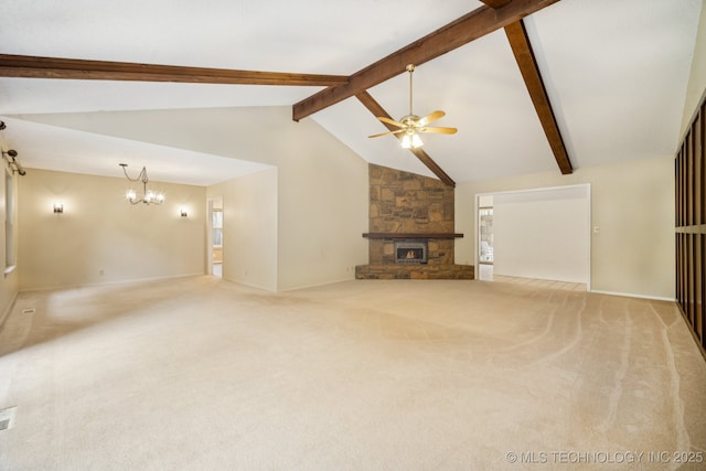 8216 S Oswego Ave, Tulsa, OK 74137 - unfurnished living room with a chandelier, ceiling fan, a fireplace, carpet floors, and baseboards