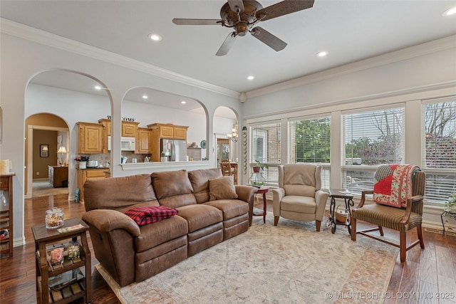 2508 S 14th St, Mcalester, OK 74501 - living area with arched walkways, recessed lighting, hardwood / wood-style flooring, plenty of natural light, and ceiling fan