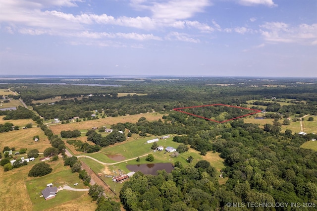 5164 Smiser Rd, Calera, OK 74730 - aerial view of property and surrounding area featuring property boundaries highlighted, a large body of water, and a heavily wooded area