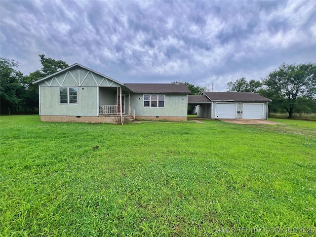 5006 S 449th Ave W, Jennings, OK 74038 - single story home with crawl space, dirt driveway, a front lawn, an outdoor structure, and a garage