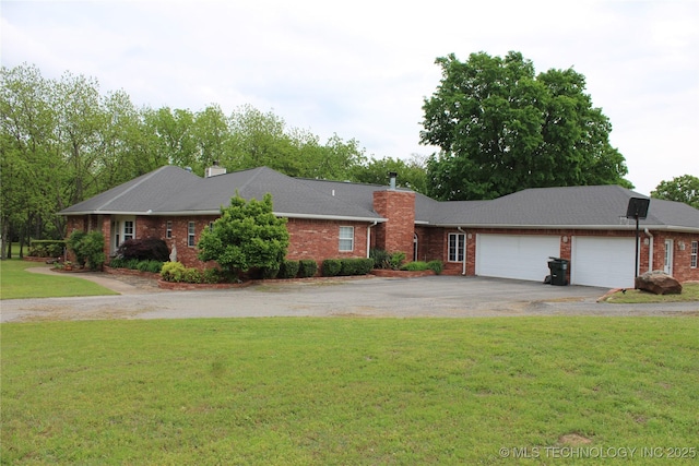 7023 Myall Rd, Lone Grove, OK 73443 - ranch-style house featuring driveway, a chimney, a garage, and brick siding