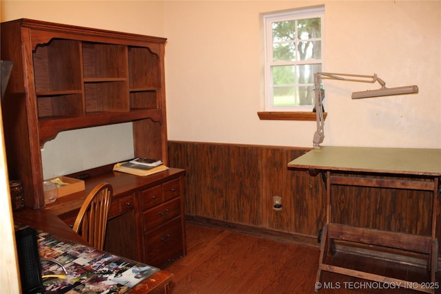7023 Myall Rd, Lone Grove, OK 73443 - office featuring dark wood-style floors and a wainscoted wall