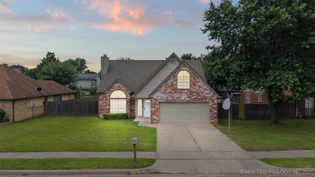 1802 S Fir Pl, Broken Arrow, OK 74012 - view of front of property with concrete driveway, a garage, brick siding, a chimney, and roof with shingles