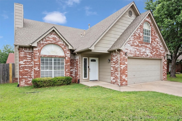 1802 S Fir Pl, Broken Arrow, OK 74012 - view of front of home with brick siding, roof with shingles, driveway, a chimney, and an attached garage