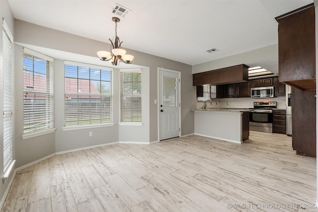 1802 S Fir Pl, Broken Arrow, OK 74012 - kitchen featuring stainless steel appliances, dark brown cabinetry, light countertops, a chandelier, and light wood finished floors