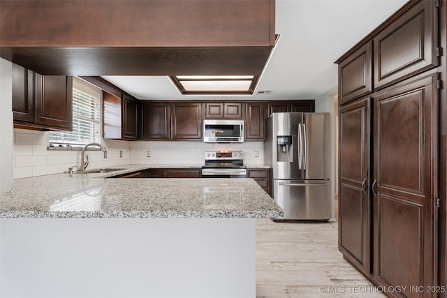 1802 S Fir Pl, Broken Arrow, OK 74012 - kitchen with stainless steel appliances, a sink, dark brown cabinets, and decorative backsplash