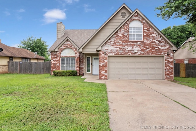 1802 S Fir Pl, Broken Arrow, OK 74012 - traditional home featuring concrete driveway, a chimney, brick siding, a garage, and roof with shingles