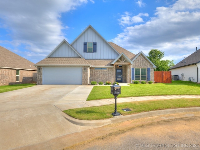 17710 E 45th Pl S, Tulsa, OK 74134 - craftsman-style house with board and batten siding, central air condition unit, concrete driveway, and brick siding