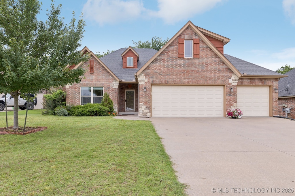 4010 S Bermuda Ave, Sand Springs, OK 74063 - traditional home with driveway, a front yard, brick siding, a garage, and roof with shingles