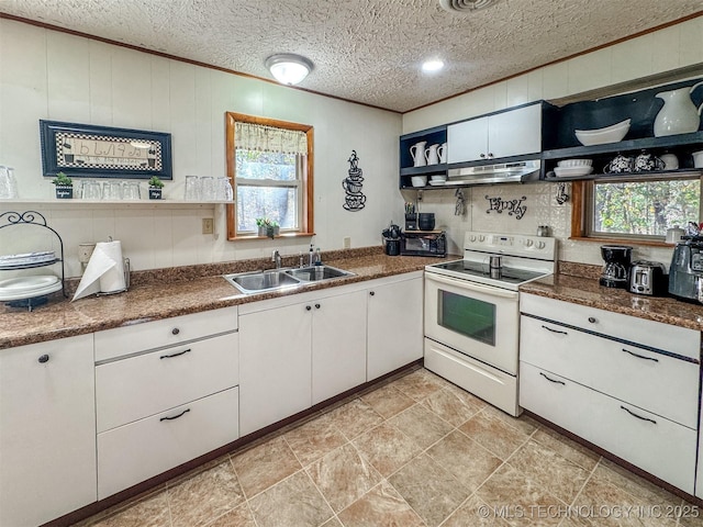 2064 Cave Creek Ct, Kansas, OK 74347 - kitchen featuring white electric range oven, open shelves, a sink, white cabinets, and dark countertops