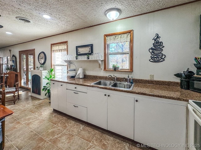 2064 Cave Creek Ct, Kansas, OK 74347 - kitchen with a sink, white cabinets, dark countertops, ornamental molding, and a textured ceiling