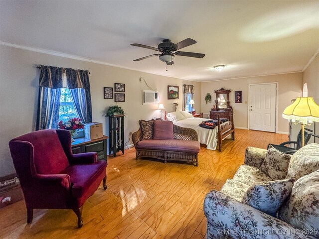 2064 Cave Creek Ct, Kansas, OK 74347 - living room with light wood-type flooring, crown molding, ceiling fan, an AC wall unit, and baseboards