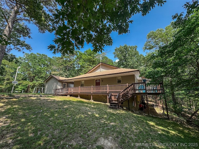 2064 Cave Creek Ct, Kansas, OK 74347 - rear view of property with a yard, stairway, and a deck