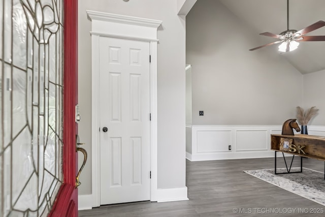 8602 S 91st E Ave, Tulsa, OK 74133 - entrance foyer with a ceiling fan, dark wood-type flooring, wainscoting, and lofted ceiling