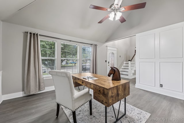 8602 S 91st E Ave, Tulsa, OK 74133 - home office with a ceiling fan, wood finished floors, and high vaulted ceiling