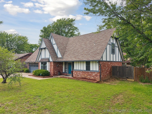 11029 E 66th St, Tulsa, OK 74133 - tudor-style house with brick siding, an attached garage, board and batten siding, and roof with shingles