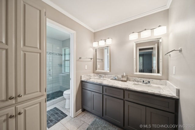 11029 E 66th St, Tulsa, OK 74133 - full bathroom with double vanity, a shower stall, crown molding, and tile patterned flooring
