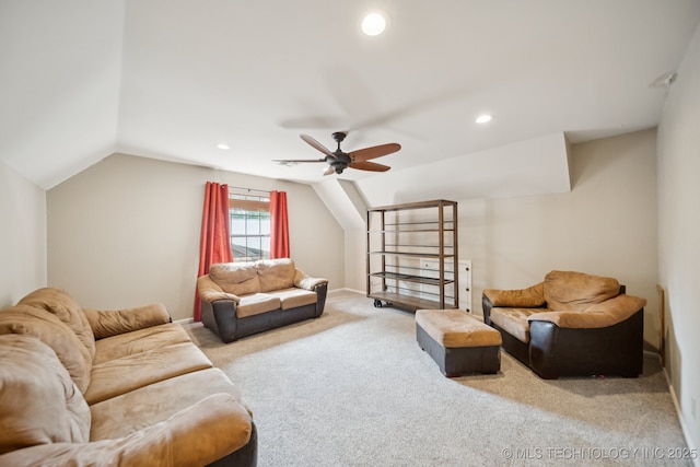11029 E 66th St, Tulsa, OK 74133 - carpeted living area featuring lofted ceiling, recessed lighting, and a ceiling fan