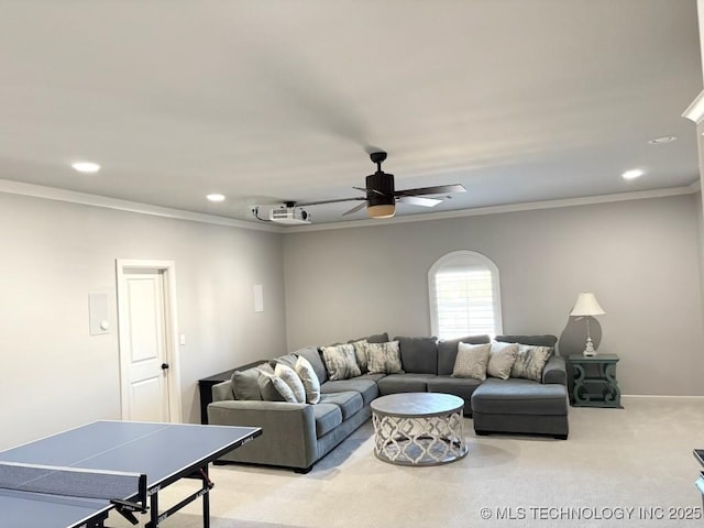 3816 E 117th Pl, Tulsa, OK 74137 - living room featuring light colored carpet, a ceiling fan, recessed lighting, ornamental molding, and baseboards