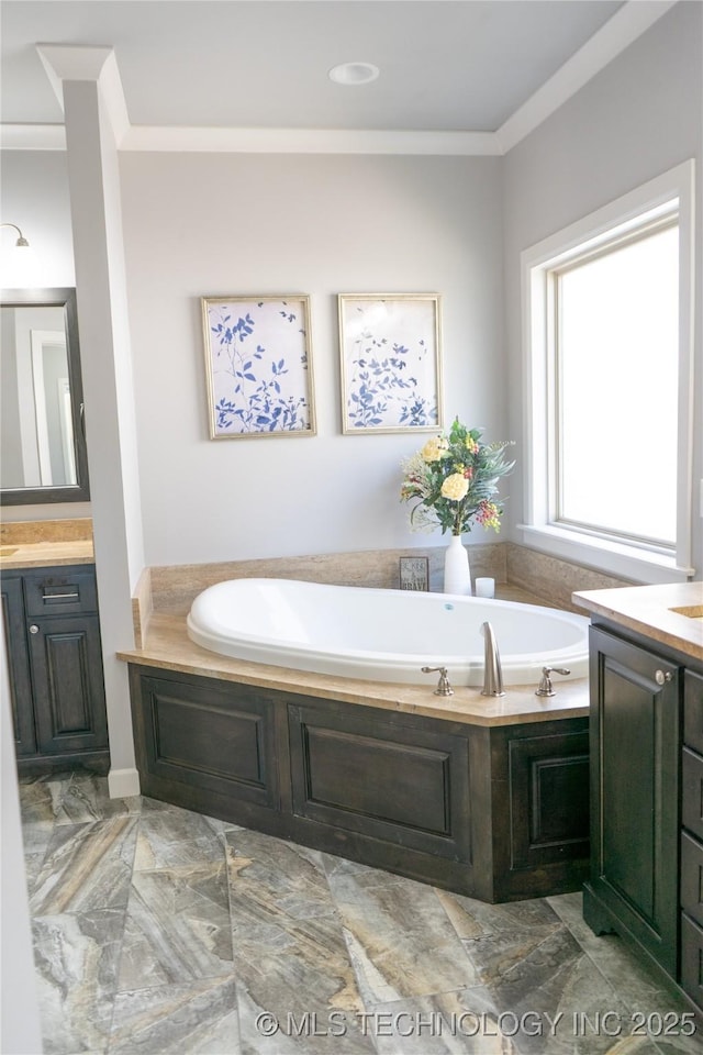 3816 E 117th Pl, Tulsa, OK 74137 - bathroom featuring a bath, crown molding, vanity, and marble finish flooring