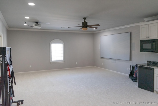 3816 E 117th Pl, Tulsa, OK 74137 - cinema with ornamental molding, light colored carpet, ceiling fan, baseboards, and recessed lighting