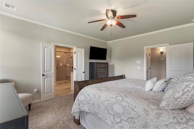 4472 S 169th E Ave, Tulsa, OK 74134 - bedroom featuring ornamental molding, baseboards, carpet floors, connected bathroom, and a ceiling fan