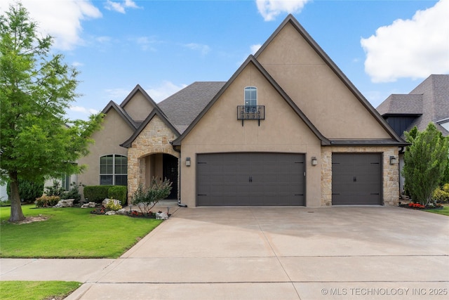 4472 S 169th E Ave, Tulsa, OK 74134 - french country inspired facade with stone siding, stucco siding, concrete driveway, a front yard, and an attached garage