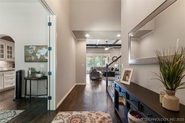 4472 S 169th E Ave, Tulsa, OK 74134 - entryway with dark wood-style floors, coffered ceiling, beam ceiling, ceiling fan, and recessed lighting