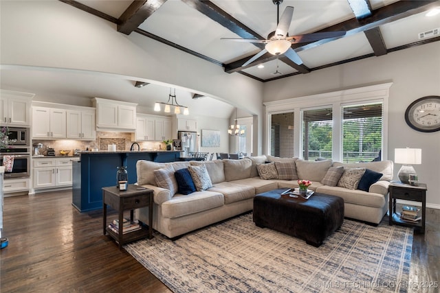 4472 S 169th E Ave, Tulsa, OK 74134 - living room featuring coffered ceiling, dark wood-style floors, a chandelier, beam ceiling, and a ceiling fan