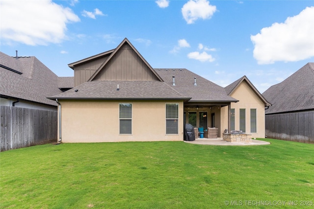 4472 S 169th E Ave, Tulsa, OK 74134 - back of house featuring a patio area, stucco siding, roof with shingles, and board and batten siding