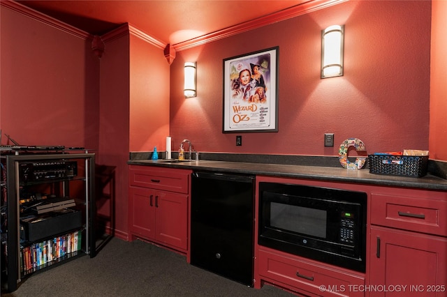 4472 S 169th E Ave, Tulsa, OK 74134 - indoor wet bar with black appliances, ornamental molding, dark colored carpet, and beverage cooler