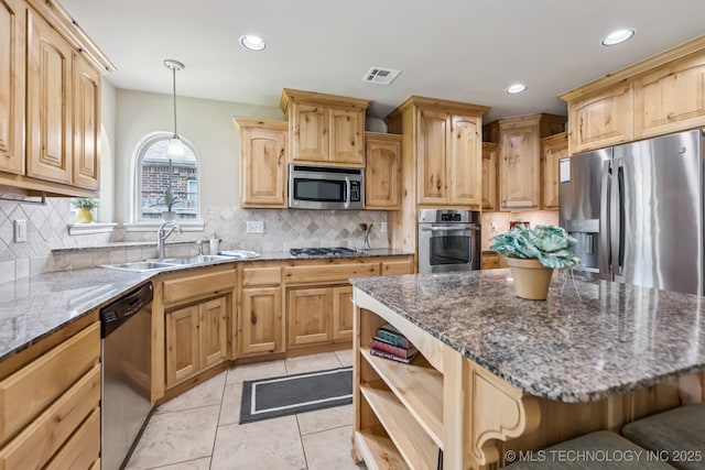3012 W Mobile St, Broken Arrow, OK 74011 - kitchen featuring stainless steel appliances, light brown cabinetry, open shelves, decorative backsplash, and recessed lighting