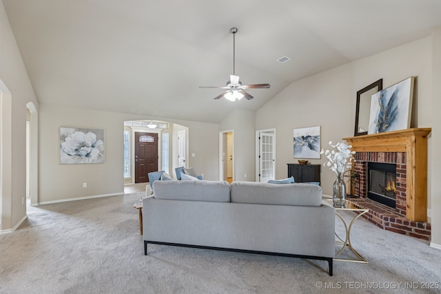 3012 W Mobile St, Broken Arrow, OK 74011 - carpeted living area with a fireplace, high vaulted ceiling, and a ceiling fan