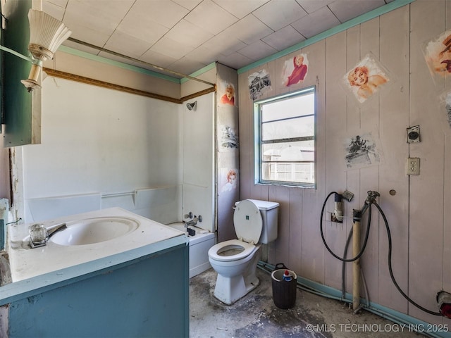 31229 E 682nd Rd, Wagoner, OK 74467 - full bathroom with toilet, shower / tub combination, vanity, unfinished concrete flooring, and wood walls