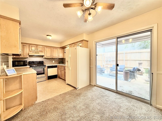 5641 S Newport Ave Unit 5641, Tulsa, OK 74105 - kitchen featuring white appliances, under cabinet range hood, light brown cabinetry, light countertops, and backsplash