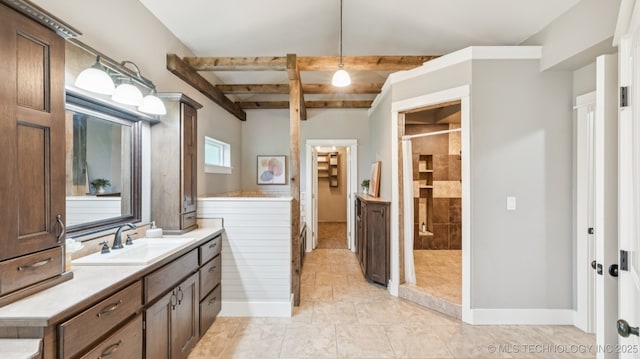19826 S Covey Ct, Claremore, OK 74019 - full bathroom featuring a tile shower, vanity, and beamed ceiling