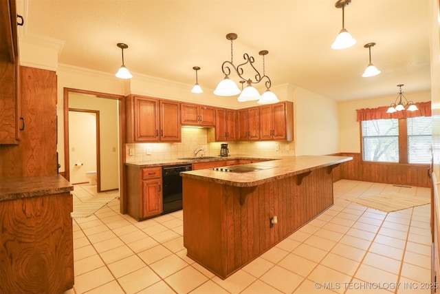 9337 S Lakewood Ave, Tulsa, OK 74137 - kitchen with black dishwasher, light tile patterned floors, a sink, a kitchen bar, and crown molding