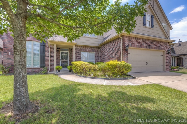 5006 S 164th E Ave, Tulsa, OK 74134 - view of front facade with brick siding, driveway, a front lawn, and an attached garage