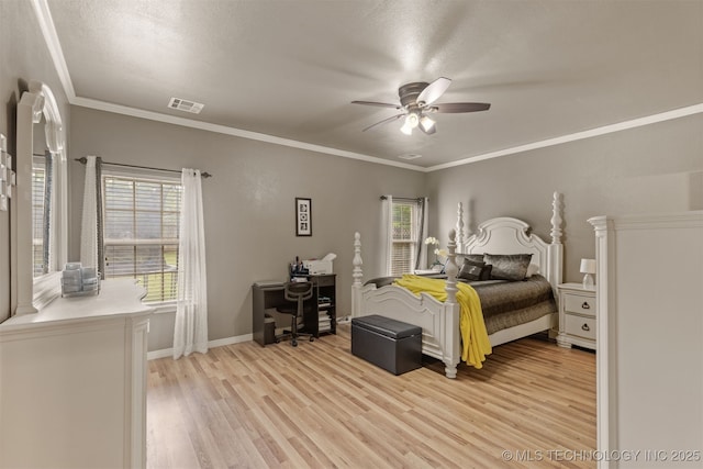 5006 S 164th E Ave, Tulsa, OK 74134 - bedroom with an office area, light wood-style floors, a ceiling fan, baseboards, and ornamental molding