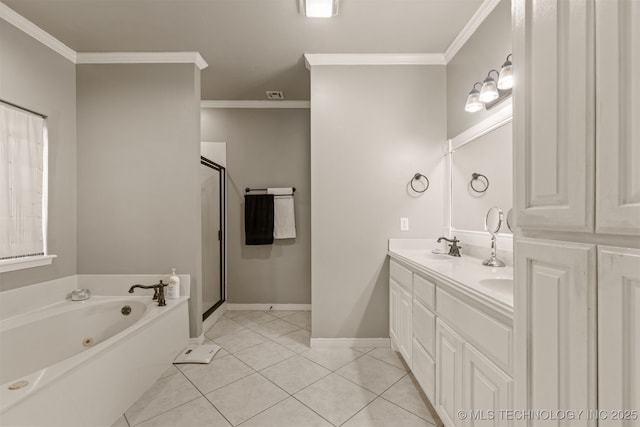 5006 S 164th E Ave, Tulsa, OK 74134 - full bathroom featuring double vanity, a tub with jets, a shower stall, crown molding, and tile patterned floors