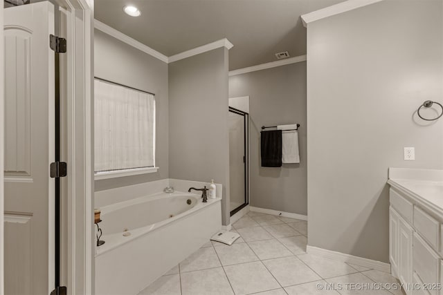 5006 S 164th E Ave, Tulsa, OK 74134 - full bath featuring a tub with jets, ornamental molding, a shower stall, vanity, and tile patterned flooring